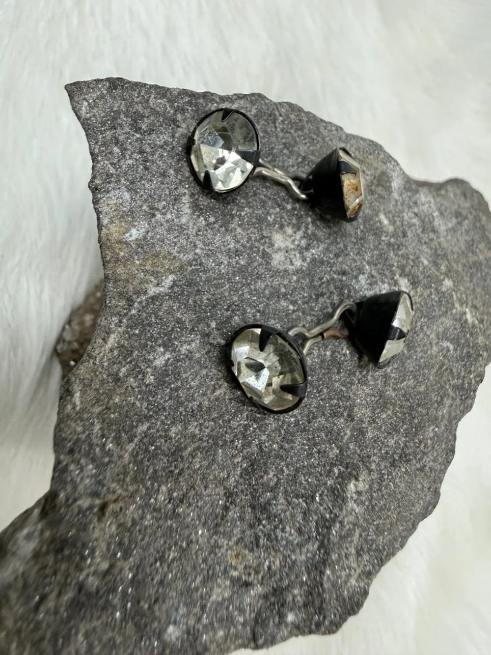 Vintage Black & Silver Tone Rhinestone Cuff Links .5